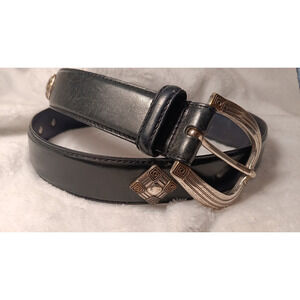 VTG Fossil Black Genuine Leather Belt Silver Western Buckle Detail Large Y2K